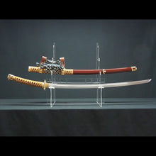 画像をギャラリービューアに読み込む, 朱呂塗鞘略太刀拵 金色唐草文総金具 太刀掛台付き