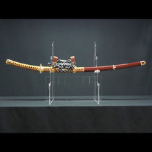 画像をギャラリービューアに読み込む, 朱呂塗鞘略太刀拵 金色唐草文総金具 太刀掛台付き