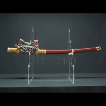 画像をギャラリービューアに読み込む, 朱呂塗鞘略太刀拵 金色唐草文総金具 太刀掛台付き