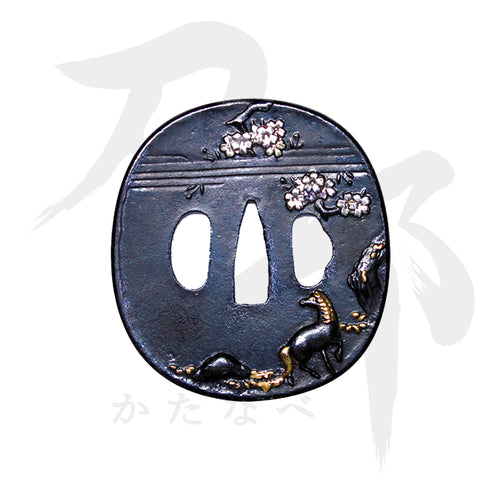 T-022-MIR3 鉄地 桜馬図鍔 表